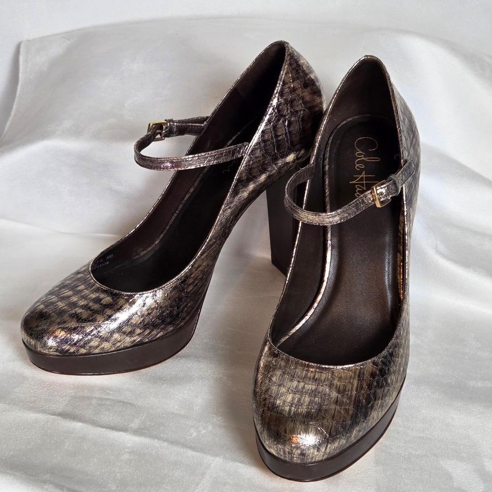 Cole Haan Nike Air Mary Jane Pumps Metallic Snakeskin Platform Heels Pewter 9B